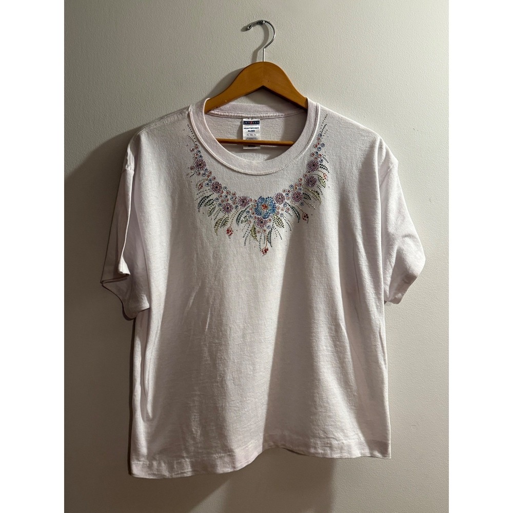 Jerzees Heavyweight Blend White Rhinestone Floral Necklace T-Shirt Women XL